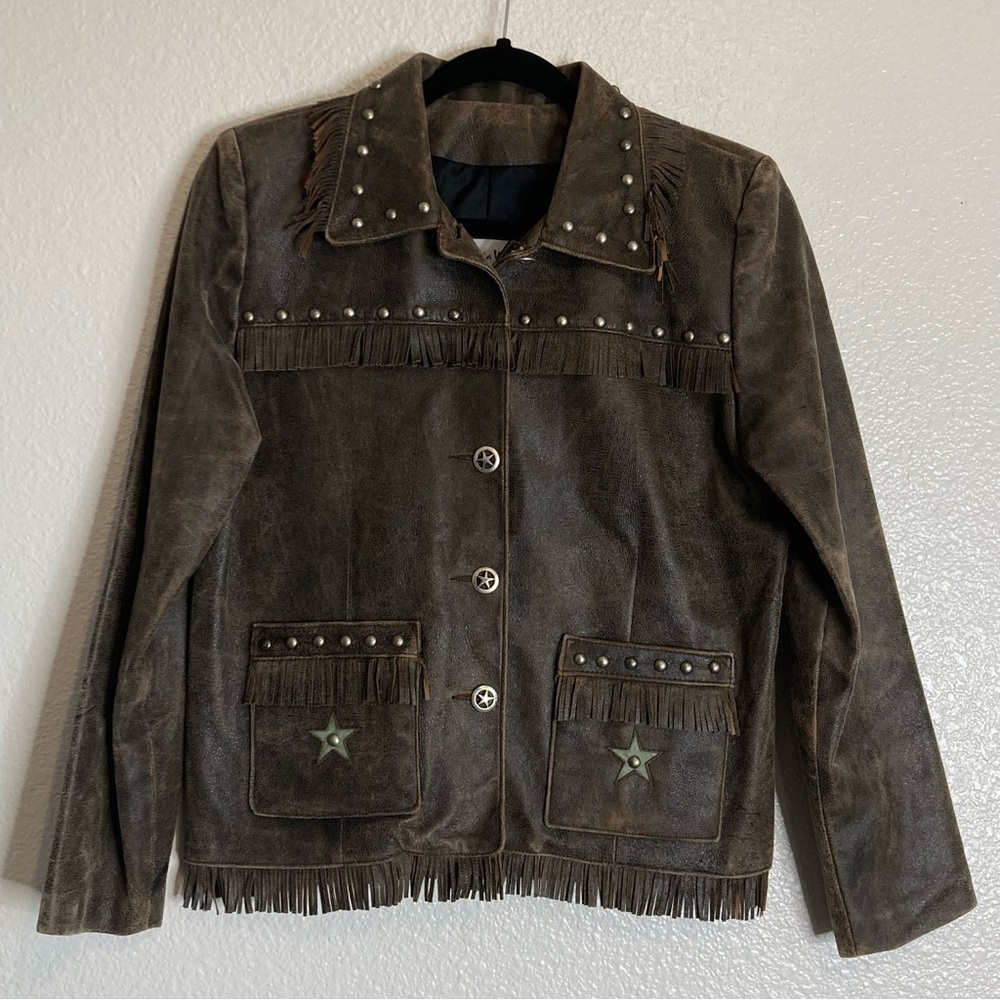 Patricia Wolf Leather Studded Fringe Jacket sz S Brown Start Rodeo Western